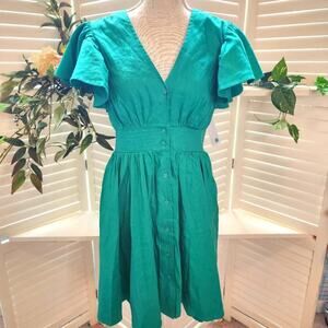 CHELSEA 28 RUFFLE SLEEBE BUTTON UP GREEN DRESS SIZE SMALL